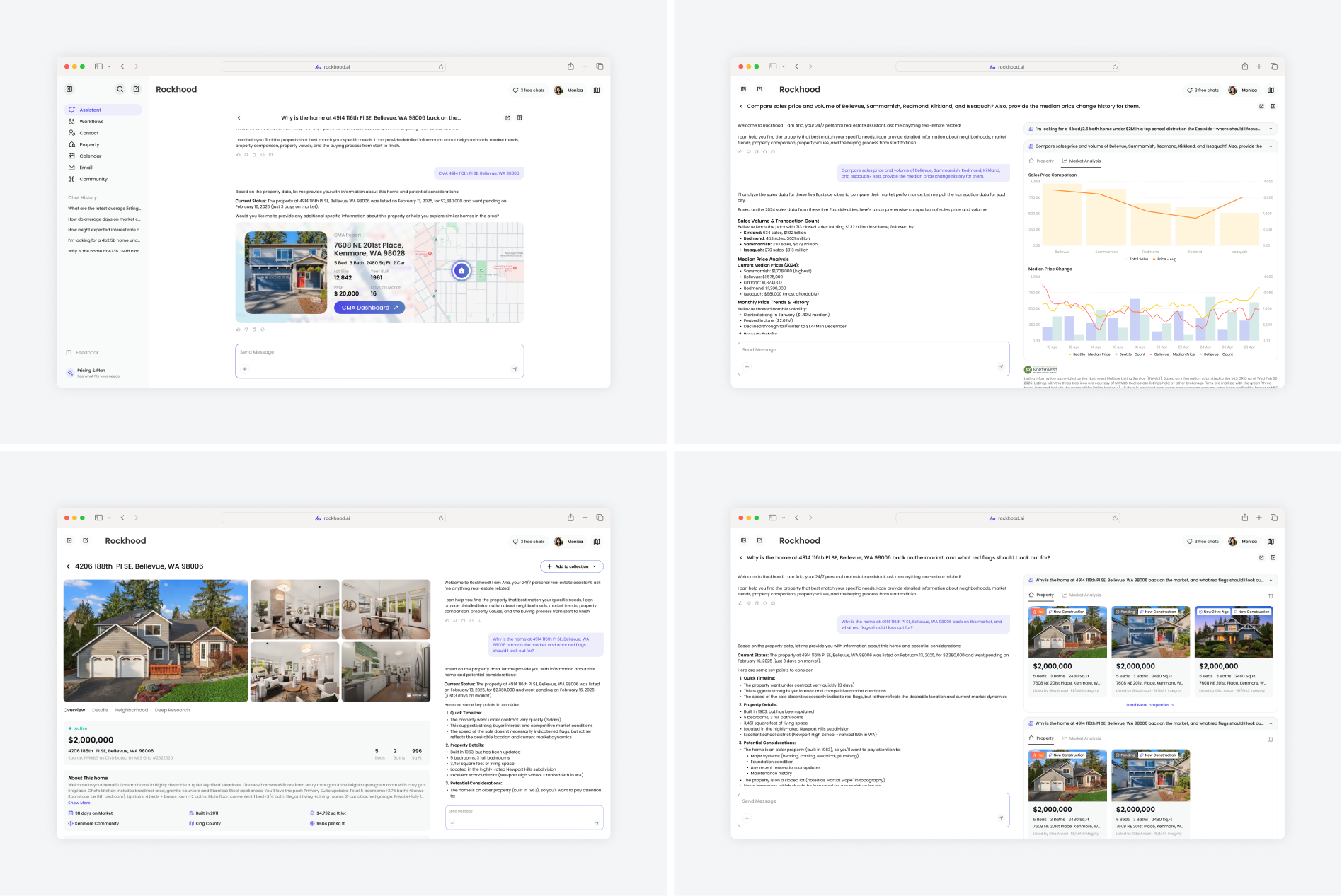 Rockhood UI design showing conversational interface and property listings